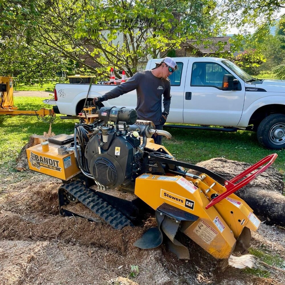 Stump grinder removing a large stump in a yard